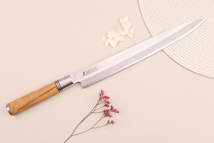 Couteau yanagiba 30cm Wusaki Olive 7Cr manche en olivier + saya