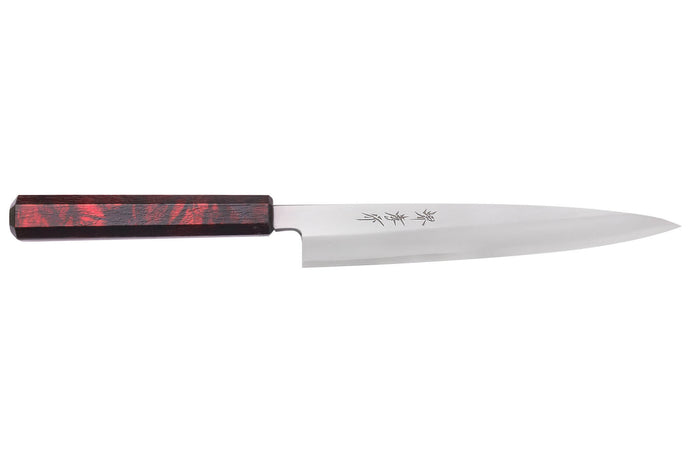 Couteau yanagiba japonais 21cm Sakai Takayuki Nanairo manche en résine laqué rouge