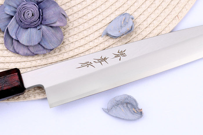 Couteau yanagiba japonais 21cm Sakai Takayuki Nanairo manche en résine laqué rouge