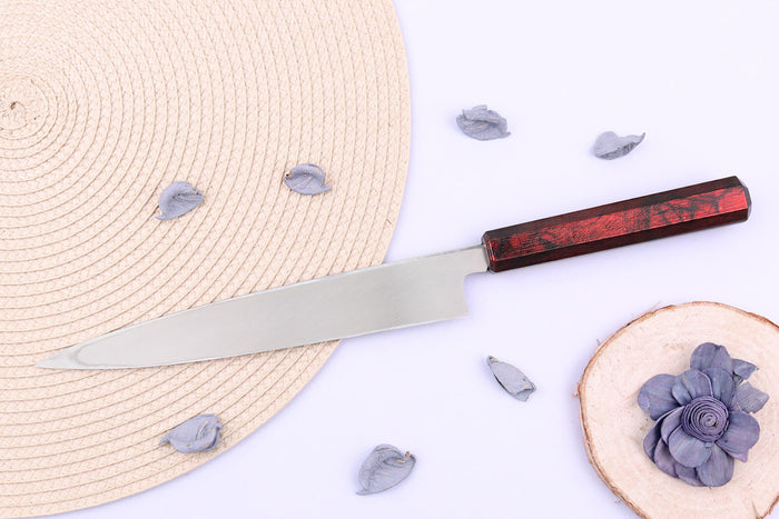 Couteau yanagiba japonais 21cm Sakai Takayuki Nanairo manche en résine laqué rouge