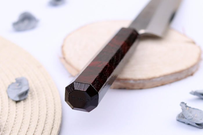 Couteau yanagiba japonais 21cm Sakai Takayuki Nanairo manche en résine laqué rouge