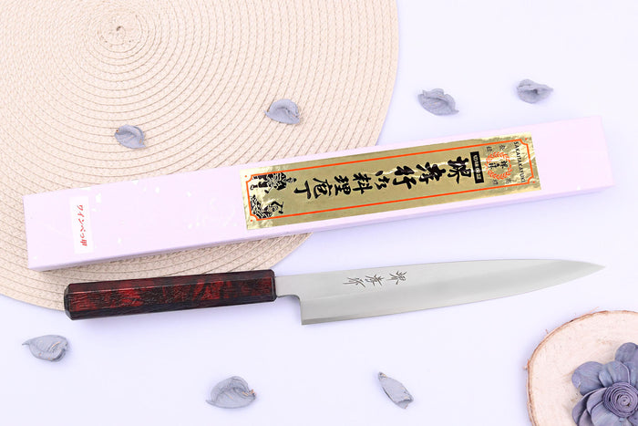 Couteau yanagiba japonais 21cm Sakai Takayuki Nanairo manche en résine laqué rouge