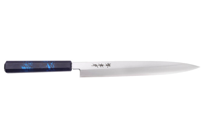 Couteau yanagiba japonais 27cm Sakai Takayuki Nanairo manche en résine laqué bleu