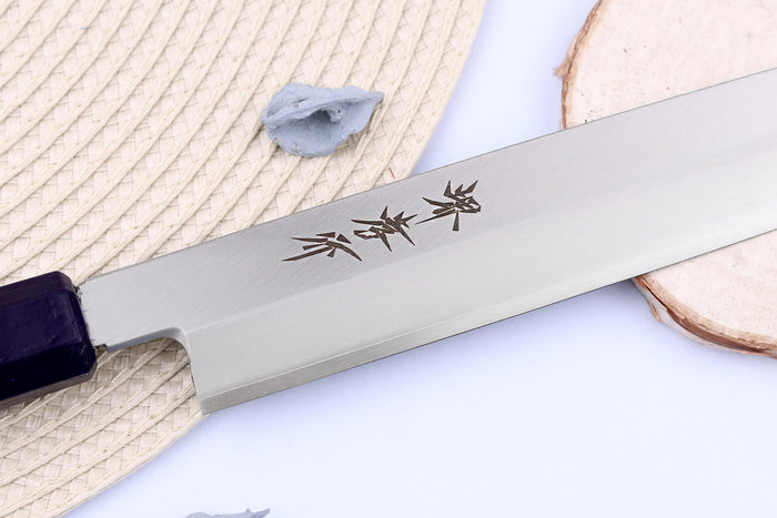 Couteau yanagiba japonais 27cm Sakai Takayuki Nanairo manche en résine laqué bleu