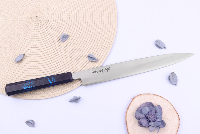 Couteau yanagiba japonais 27cm Sakai Takayuki Nanairo manche en résine laqué bleu