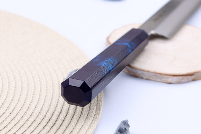 Couteau yanagiba japonais 27cm Sakai Takayuki Nanairo manche en résine laqué bleu