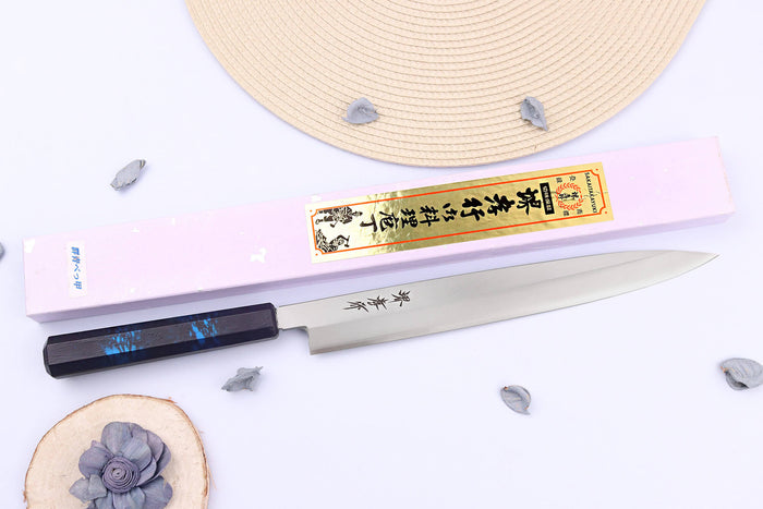 Couteau yanagiba japonais 27cm Sakai Takayuki Nanairo manche en résine laqué bleu