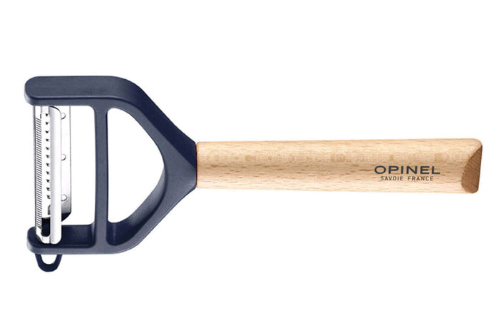 Éplucheur Opinel T-Duo bleu double lames microdentée et julienne manche en hêtre