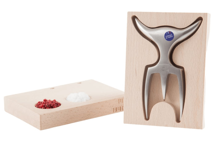 Fourchette à viande Tridens en acier inox brossé avec socle en hêtre à empreinte