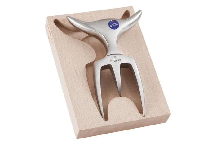 Fourchette à viande Tridens en acier inox brossé avec socle en hêtre à empreinte