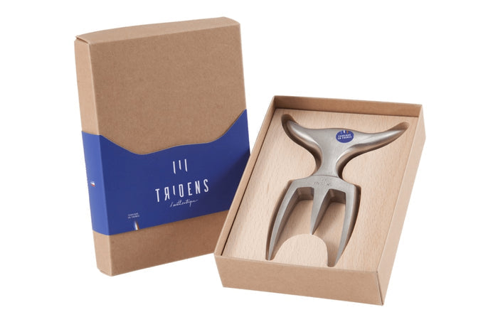 Fourchette à viande Tridens en acier inox brossé avec socle en hêtre à empreinte