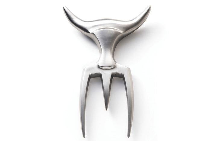 Fourchette à viande Tridens en acier inox brossé avec socle en hêtre à empreinte