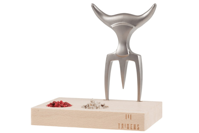Fourchette à viande Tridens en acier inox brut avec socle en hêtre à empreinte