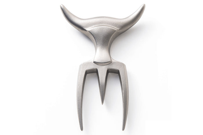 Fourchette à viande Tridens en acier inox brut avec socle en hêtre à empreinte