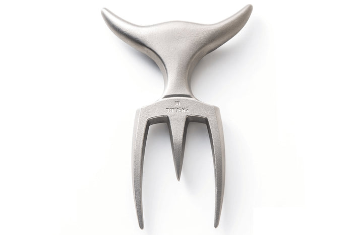Fourchette à viande Tridens en acier inox brut avec socle en hêtre à empreinte