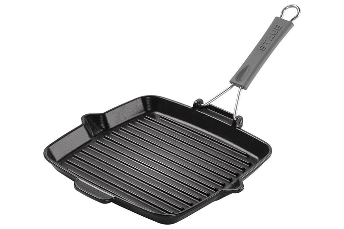 Gril carré Staub 24cm en fonte émaillée noir mat à poignée pliable