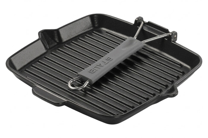 Gril carré Staub 24cm en fonte émaillée noir mat à poignée pliable