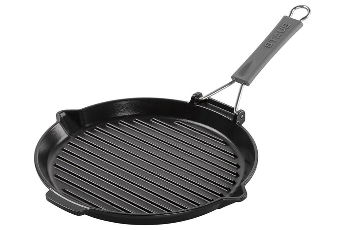 Gril rond Staub 28cm en fonte émaillée noir mat à poignée pliable