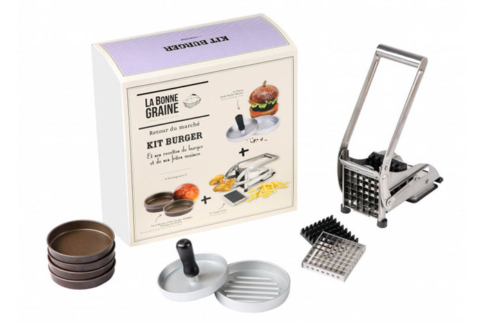 Kit Burger La Bonne Graine - Coupe-frites, presse à steak haché et 4 moules à pain