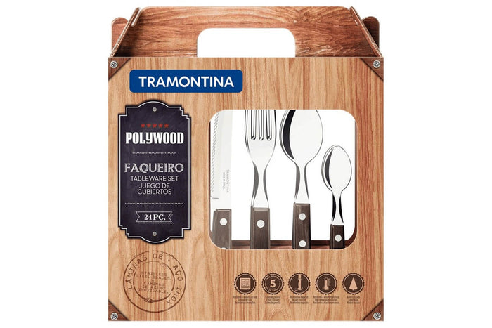 Ménagère 24 couverts de table Tramontina en inox et bois marron