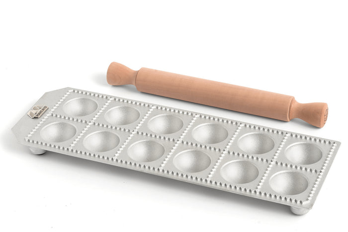Moule à raviolis Marcato Classic 12 empreintes rondes + mini rouleau en bois