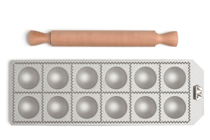 Moule à raviolis Marcato Classic 12 empreintes rondes + mini rouleau en bois