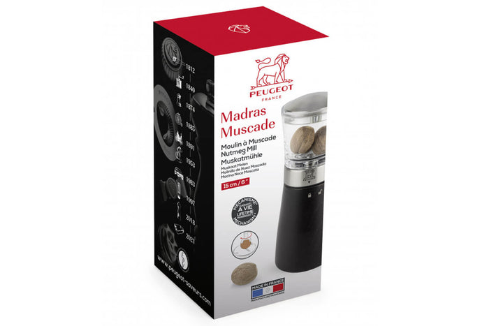 Moulin à muscade manuel Peugeot Madras en bois de hêtre, inox et acrylique chocolat 15cm