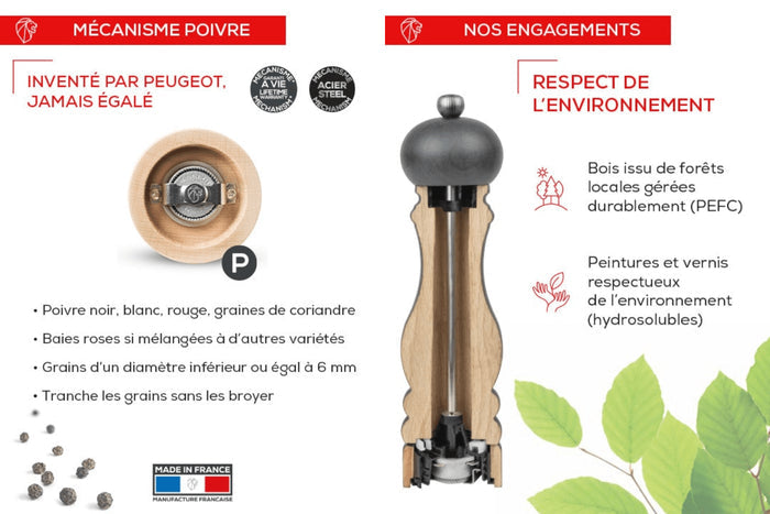 Moulin à poivre manuel Peugeot Fidji en bois de hêtre et inox collection graphite 15cm