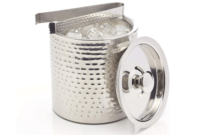 Petit seau à glace Barcraft en acier inox martelé avec couvercle 1,5L + pince à glaçon