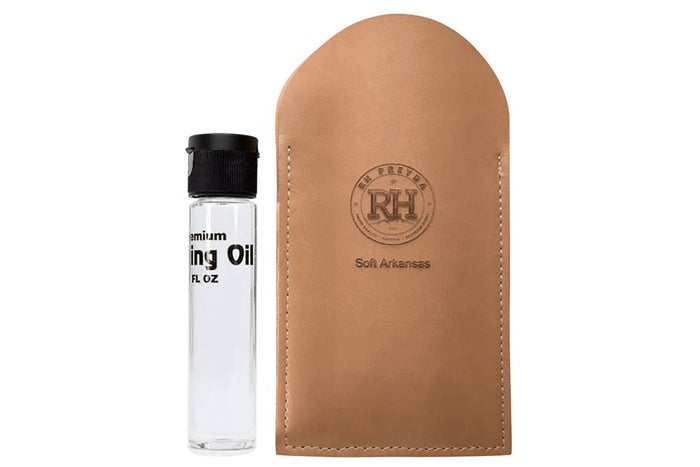Pierre naturelle d'Arkansas de poche RH PREYDA grain épais avec huile + étui en cuir