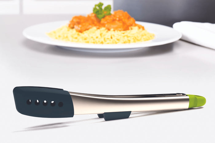 Pince Joseph Joseph Elevate en acier inoxydable et silicone avec reposoir intégré