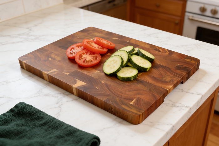 Planche à découper Wusaki bois d'acacia damier pieds antidérapants 40 x 28,5 x 2,5cm