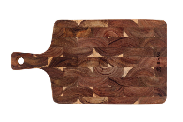 Planche à découper Wusaki en bois d'acacia damier avec poignée 41 x 22 x 2cm
