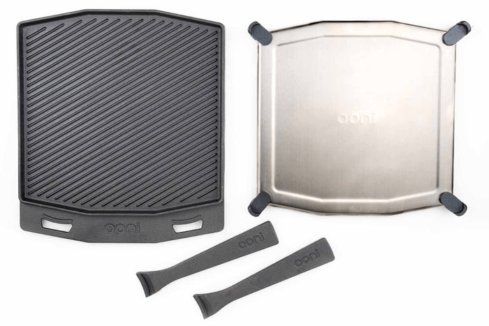 Poêle à griller Ooni double face en fonte manches amovibles + dessous-de-plat inox