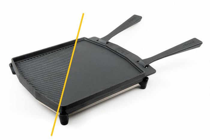 Poêle à griller Ooni double face en fonte manches amovibles + dessous-de-plat inox
