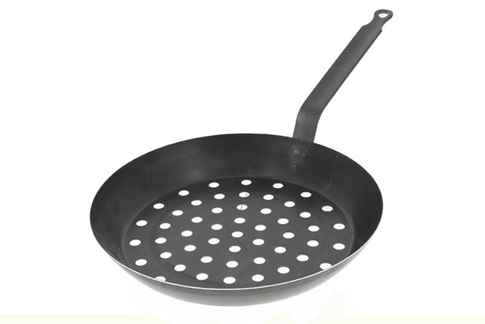Poêle à marrons perforée De Buyer 5490.28 28cm en tôle d'acier bleuie pour cuisson sur braise