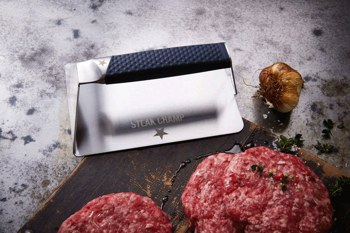 Presse pour barbecue et plancha Steak Champ en acier inoxydable 19x13x6,5cm