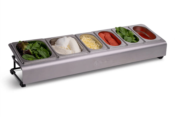Saladette Ooni inox + 6 bacs à garnitures pour pizzas avec couvercles