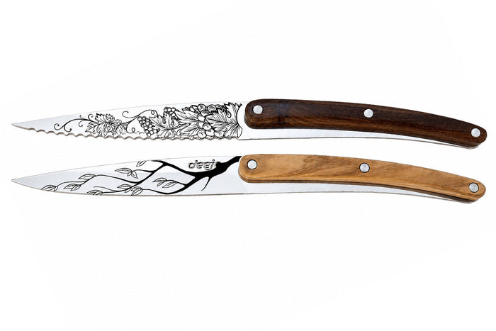 Set de 2 couteaux d'office Deejo Office Arbre et Grand Cru manche en bois d'olivier et bois corail 9cm