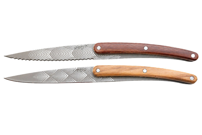 Set de 2 couteaux d'office Deejo Office Art Déco manche en bois d'olivier et bois corail 9cm