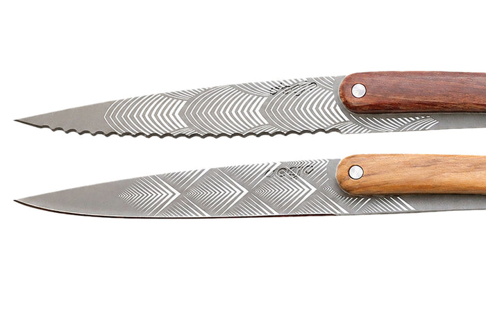 Set de 2 couteaux d'office Deejo Office Art Déco manche en bois d'olivier et bois corail 9cm