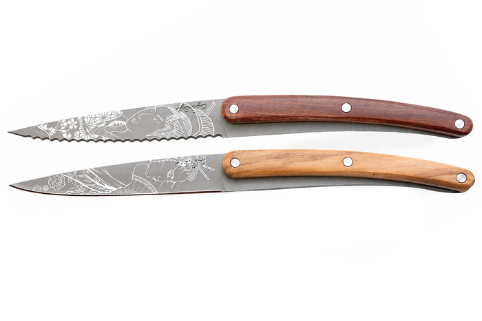 Set de 2 couteaux d'office Deejo Office Japonais manche en bois d'olivier et bois corail 9cm