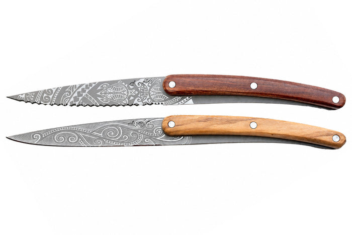 Set de 2 couteaux d'office Deejo Office Polynésien et Pacifique manche en bois d'olivier et bois corail 9cm