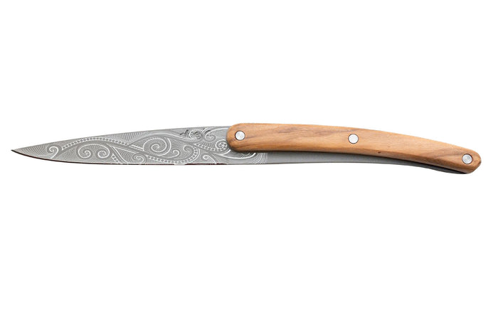 Set de 2 couteaux d'office Deejo Office Polynésien et Pacifique manche en bois d'olivier et bois corail 9cm
