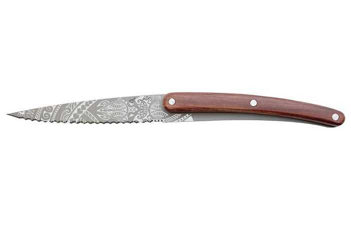 Set de 2 couteaux d'office Deejo Office Polynésien et Pacifique manche en bois d'olivier et bois corail 9cm