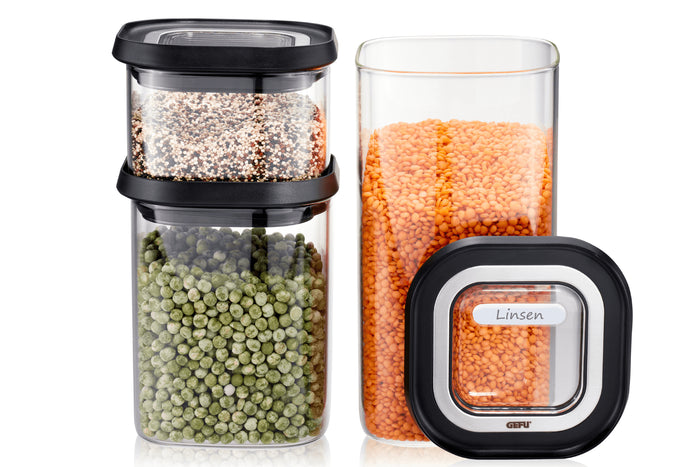 Set de 3 boîtes de conservation Gefu Pantry en verre borosilicate + 9 étiquettes autocollantes