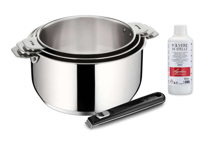 Set de 3 casseroles Lagostina Salvaspazio en inox 16, 18 et 20cm + poignée amovible + détergent