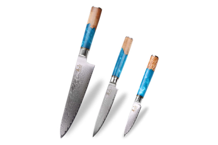 Set de 3 couteaux Kutoyama damas Azur chef + universel + office