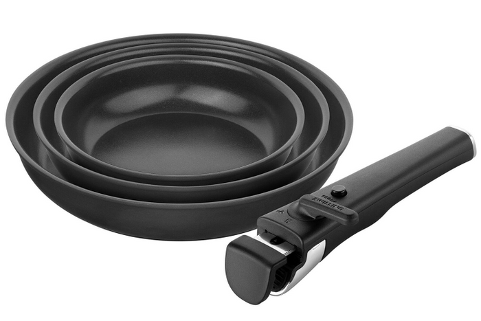 Set de 3 poêles Zwilling Unlock Ceraforme® Titanium en aluminium 20, 24 et 28 cm + 1 poignée amovible