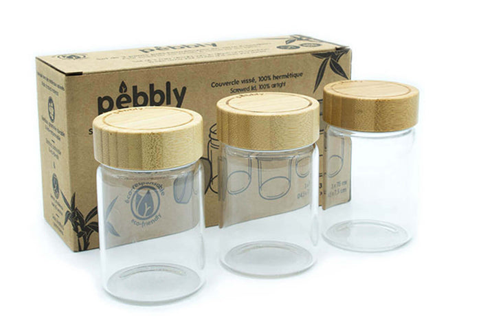Set de 3 pots en verre Pebbly avec couvercle à vis en bambou - 75ml